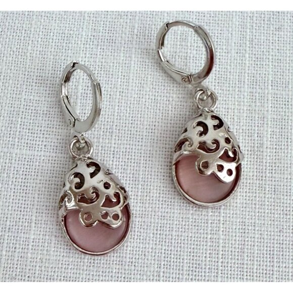 Pink Opal Silver Plated Dangle Earrings Coquette Soft Girl Romantic Jewelry - Picture 1 of 6